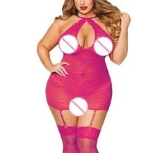 Женское Сексуальное белье с бретельками на шее размера плюс, кружевное женское белье, ночная сорочка с подвязками