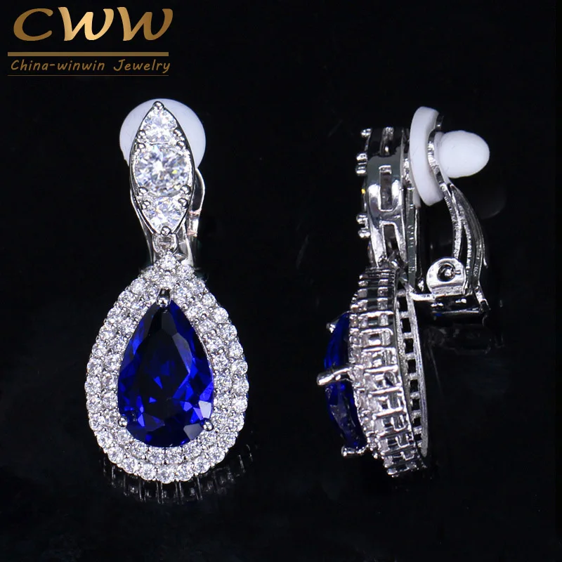 

CWWZircons Fashion Women White Gold Color Dangle Drop CZ Royal Blue Crystal Paved No Pierced Ear Clip On Earrings Jewelry CZ164