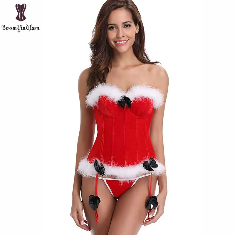 Christmas Corset Solid Red Overbust Cup White Fluff Fish Boned Corsets Miss Santa Bustier Sexy Xmas Corsets Halloween Korset Hot