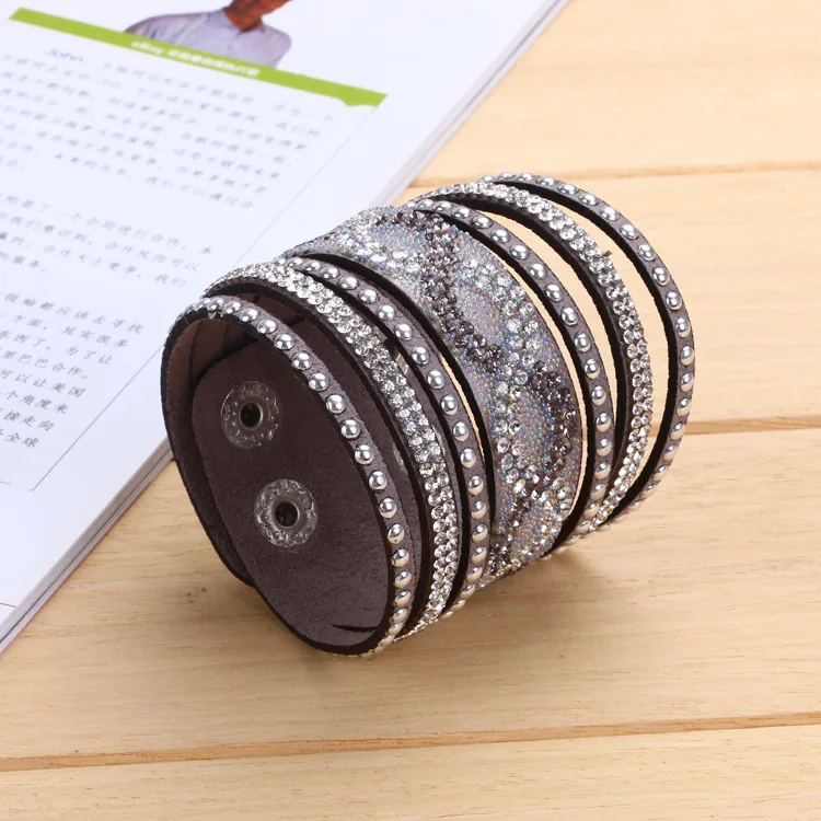 

New Fashion Brown Purple Velvet Leather Wraped Bracelets Wristband With Button Cuff Punk Mix Crystal Rhinestone Bracelet Jewelry