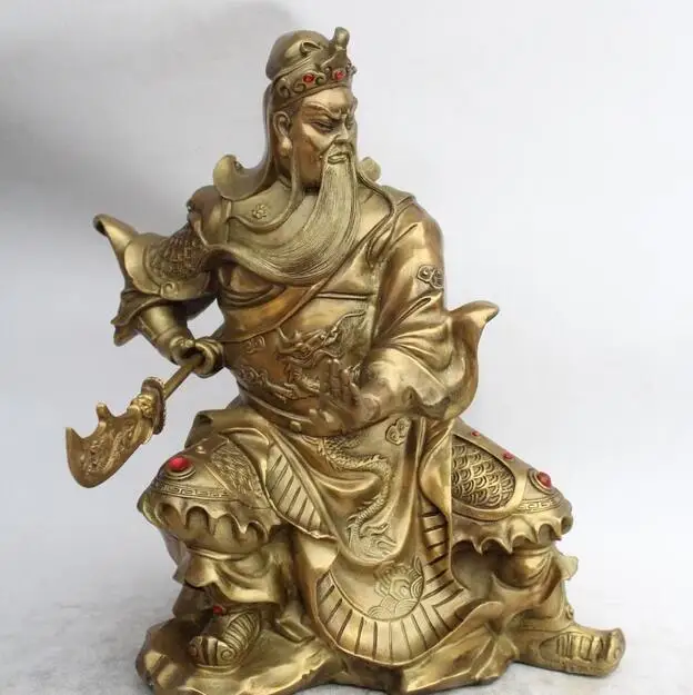 Chinese Pure Brass Copper Dragon Guan Gong Guan Yu Warrior Figurine