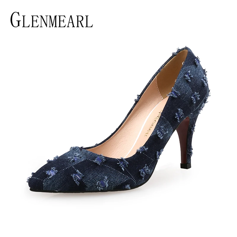 Women Pumps High Heels Shoes Female Casual Thin Heel Denim Ladies Shoe Fashion Slip On Pointed Toe Party Shoes Heels Plus Size