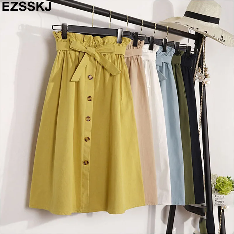 

Spring Summer Skirts Womens 2019 Midi Knee Length Korean Elegant Button High Waist Skirt Female Pleated School Skirt