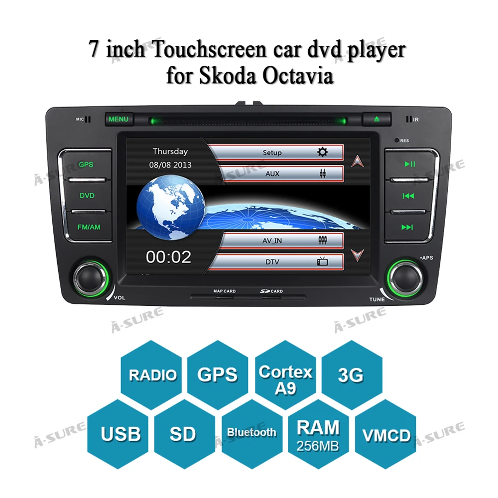 Clearance A-Sure 2 Din 7 Inch Car Radio DVD player Stereo GPS Navigation For SKODA Octavia Yeti Fabia 2009-2013 Bluetooth RDS CANBUS 1