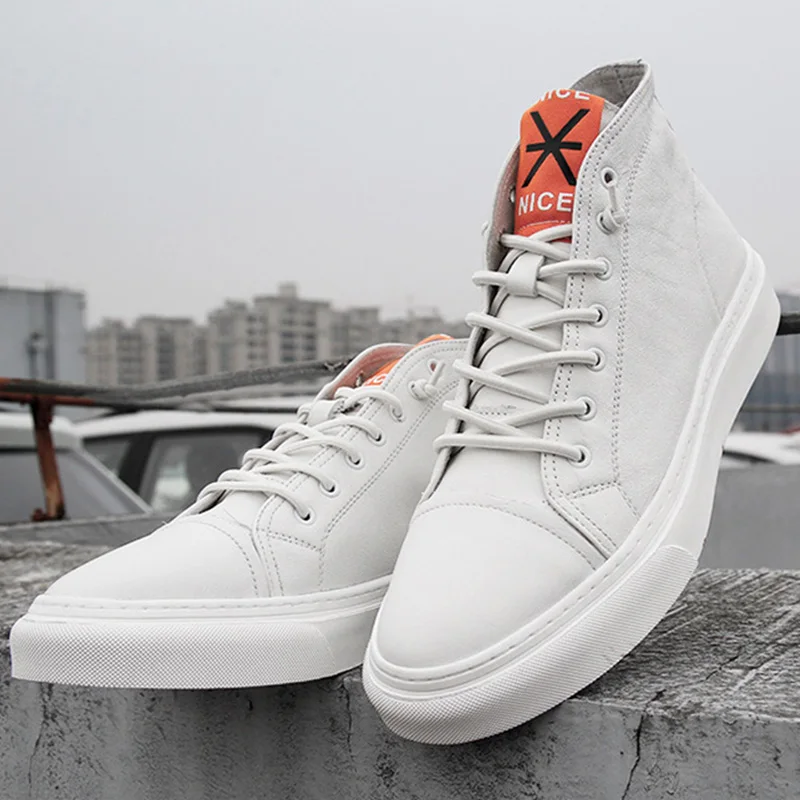 

100% Cow Leather Men Shoes High top Sneakers Ins Casual Men White Shoes Genuine Leather Men Footwear Brand Male Shoes KA1084