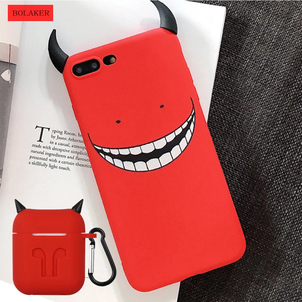 

BOLAKER Cute little devil for iphone X 7 8 Plus mobile phone case with Bluetooth headset horn silicone set high quality suit