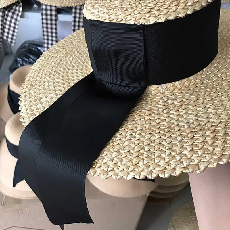 Women Classical Wheat Straw Hat Summer Cap 18cm Large Wide Brim Sun Hat Elegant Floppy Ribbon Beach Hat Vocation Derby Hat