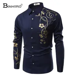 2018 Осенняя мужская рубашка высокого качества Хлопковая мужская рубашка с принтом Повседневная модная деловая повседневная мужская