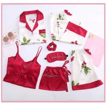 Robe Seven-piece платье Наборы Женский Осенний лед шелк сексуальный ремень Грудь Pad костюм весна и осень ананас тонкий раздел домашний сервис