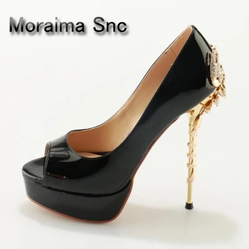 

Moraima Snc Woman Peep Toe Scorpion Heel Pumps Crystal Slip-On Black Partent Leather Platform Shoes Stable Dress Party Shoes
