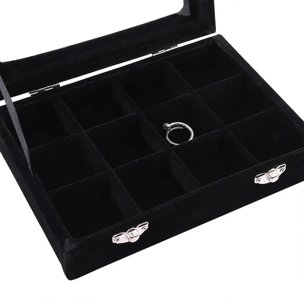 Черный 12 сетки бархат стекло ювелирные изделия кольцо Дисплей Органайзер Коробка лоток держатель серьги чехол для хранения