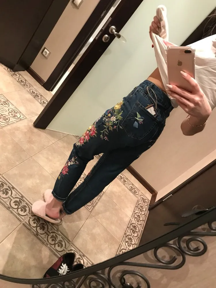 European and American women's ultra-popular stereo 3D heavy bird flower before and after embroidery high waist Slim straight jea (2)