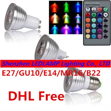 

Factory Price! 3W RGB LED Bulb Light RGB LED Spot Light Remote Control Color change RGB LED Spotlight E27/GU10/E14/B22/MR16