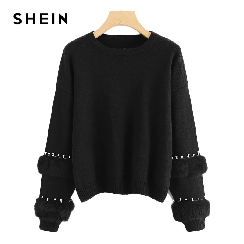 SHEIN Black Highstreet Elegant Pearl Beading Faux Fur Detail O-Neck Pullovers Jumper 2018 Autumn Casual Campus Women Sweaters