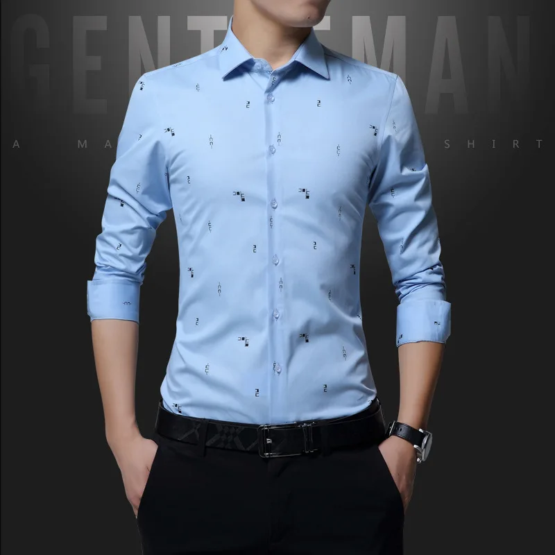 BROWON, осень, Новое поступление, нарядные рубашки для мужчин, длинный рукав, Острый Воротник, узор в горошек, официальные рубашки для мужчин, Корейская мужская одежда - Цвет: sky blue shirt