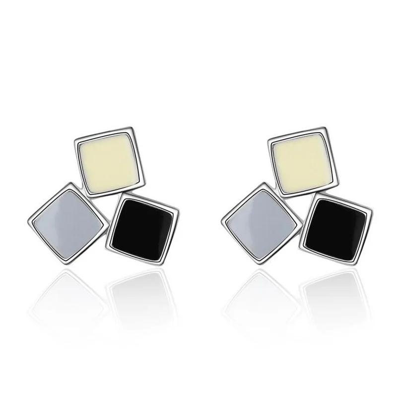 

New Fashion Simple Three Color Enamel Square 925 Silver Stud Earring For Women Girls Personality Party Gift Jewelry Aros Aretes