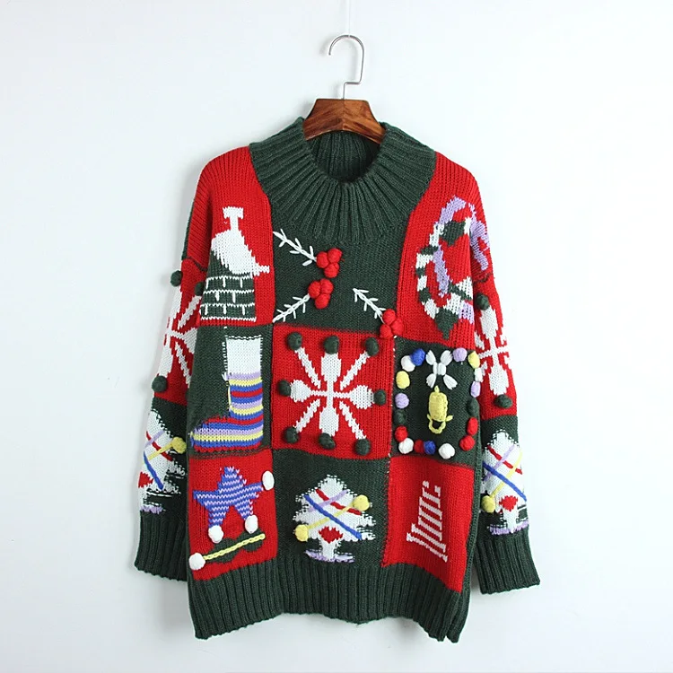

Women's Sweaters O-neck Knit Pullovers 2019 Christmas Sweater Winter Casual Loose Streetwear snowflake Print Green Sweater