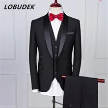 (jacket+pants) new male gentleman 2 pieces suit host costumes sets wedding groom dress fashion slim set studio shooting clothing