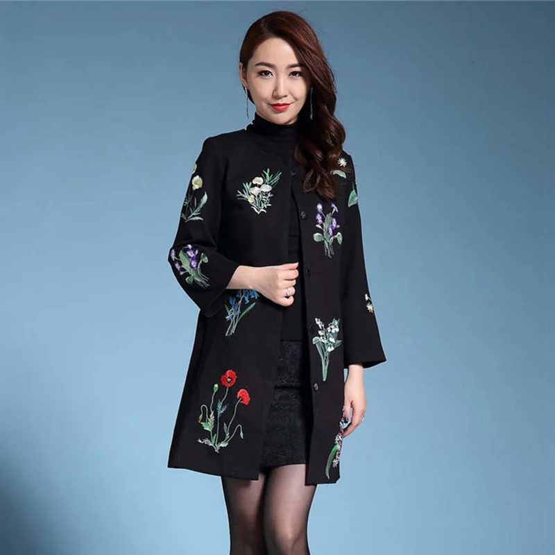 Long Arrivée Moyen Manches Brève Broderie O Hiver neck Femmes Mince Complet D'âge 2017 Nouvelle Élégant Manteau Femelle q1FRHwxnxa