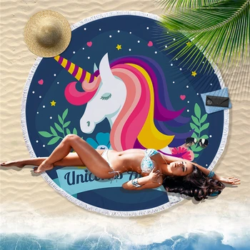 

Microfiber Round Beach Towel Unicorn Printed Tassel Tapestry Yoga Mat Blanket 150cm Absorbent Soft Bath Towels for Adults
