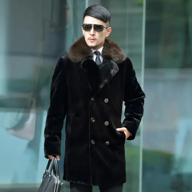 Black warm faux imitation mink rabbit fur coat mens leather jacket ...