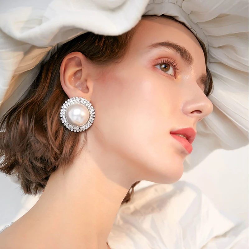 

925 women stud earrings 2019 new simple ball Rhinestone circle pearl ball diameter 3.6cm large size elegant female jewelry