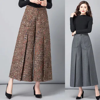 

Winter Fall Fashion Casual Woman Wide Leg High Waisted Striped Black Grey Woolen Pants , Autumn Women Pleated Wool Trousers