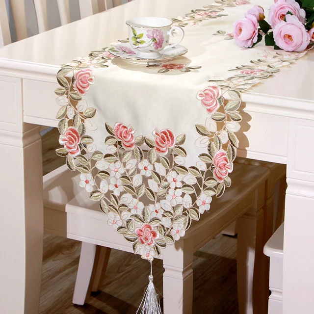 Yazi Embroidered Begonia Flower Cutwork Fabric Wedding Party Table Yazi Embroidered Begonia Flower Cutwork Fabric Wedding Party Table Runner Tablecloth Dresser Scarf 40x175cm