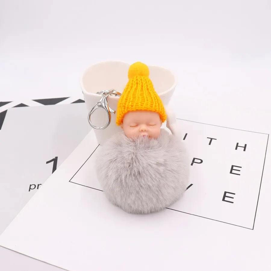 

Hot Sleeping Baby Doll Keychain Pompom Rabbit Fur Ball Key Chain Car Keyring Women Holder Bag Pendant Charm Accessory Porte Clef