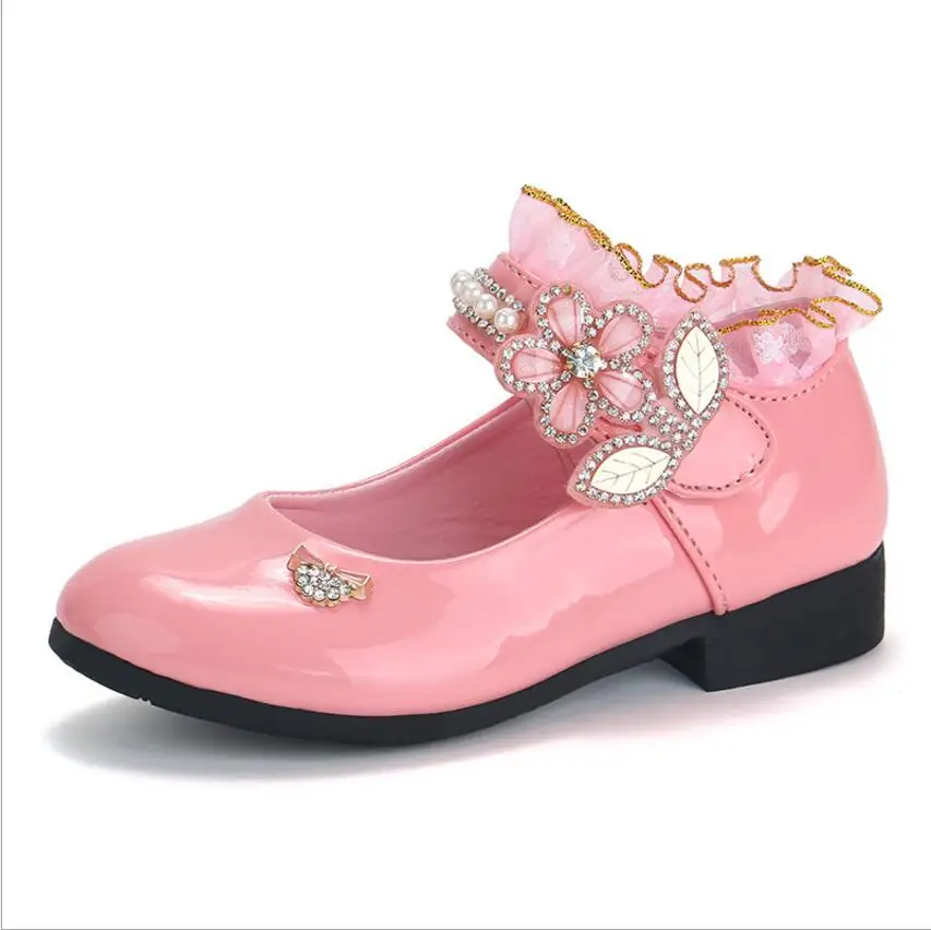 

2018 New Spring Fashion Pearl Rhinestone Flowers Kids Princess Leather Shoes For Girls Children's Wedding Dress Shoes School 32