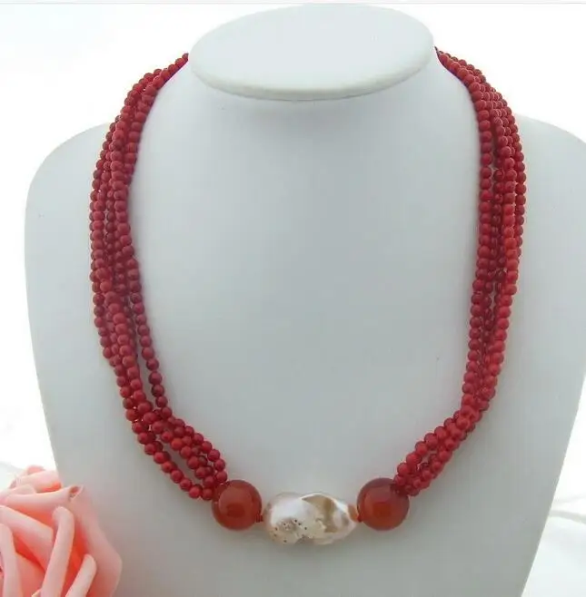 

Beautiful 20" 5row Red Coral Keshi Pearl Necklace