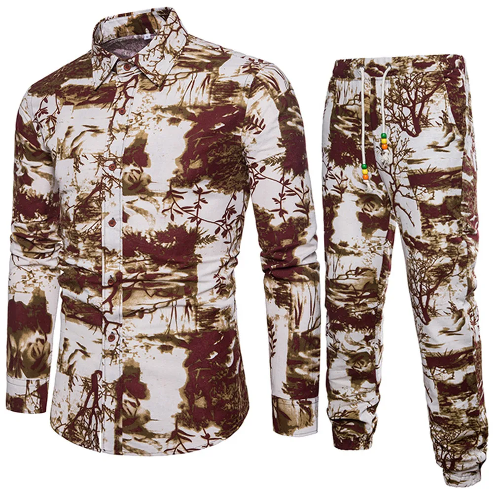 Hand-painted Male Long Sleeve Set Gentleman Festival Wear Casual Suit 2019 Autumn New Linen Clothing 5XL Big Size Slim Shirts
