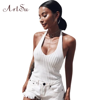 

ArtSu Sexy Backless Knitted Halter Tank Solid Crop Top Blusa Causal Tops Camisole Cropped Women Strap Cami Tshirt ASVE30047