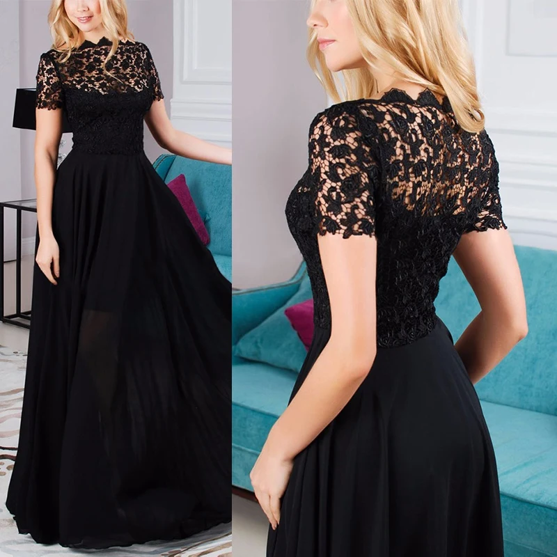 Модное женское кружевное платье макси, летнее сексуальное официальное платье с коротким рукавом, элегантное черное кружевное платье с цветочным принтом, вечерние платья, длинное платье