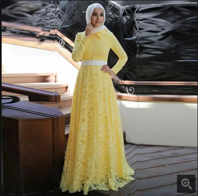2017 Yellow Lace Long Sleeve Muslim Formal prom Dress 2017 font b Hijab b font Islamic