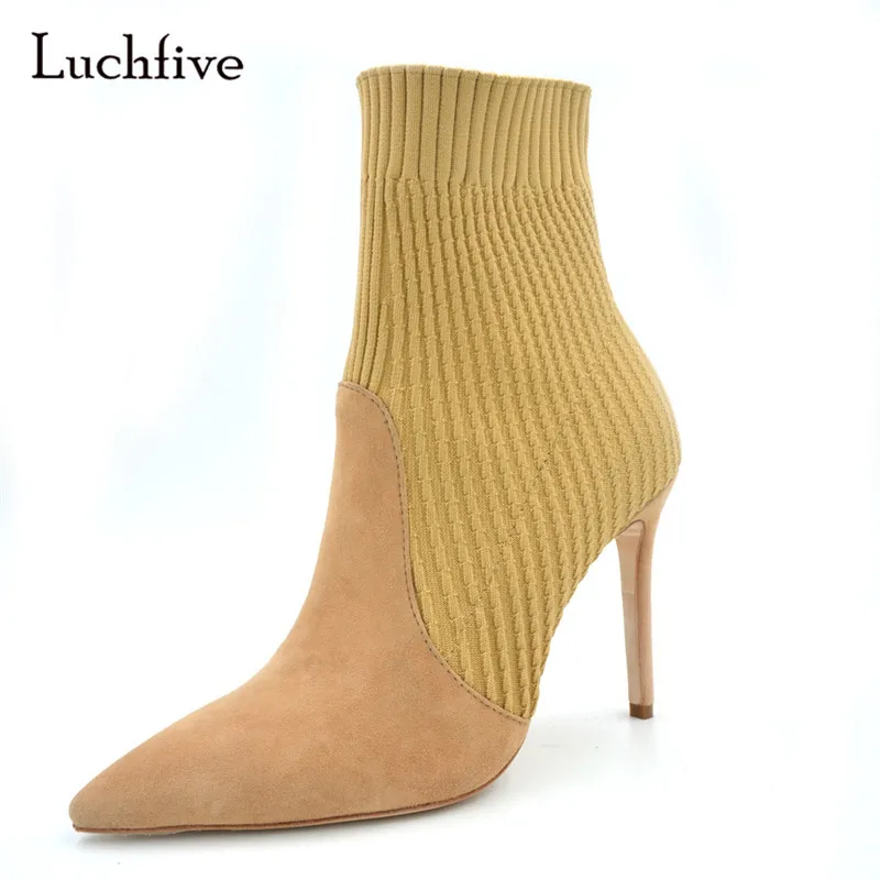 

Luchfive Fashion Pointed Toe Wool Knitted Booties For Women Stiletto Heel Ankle Boots Suede Sock Boots Short Botas Mujer