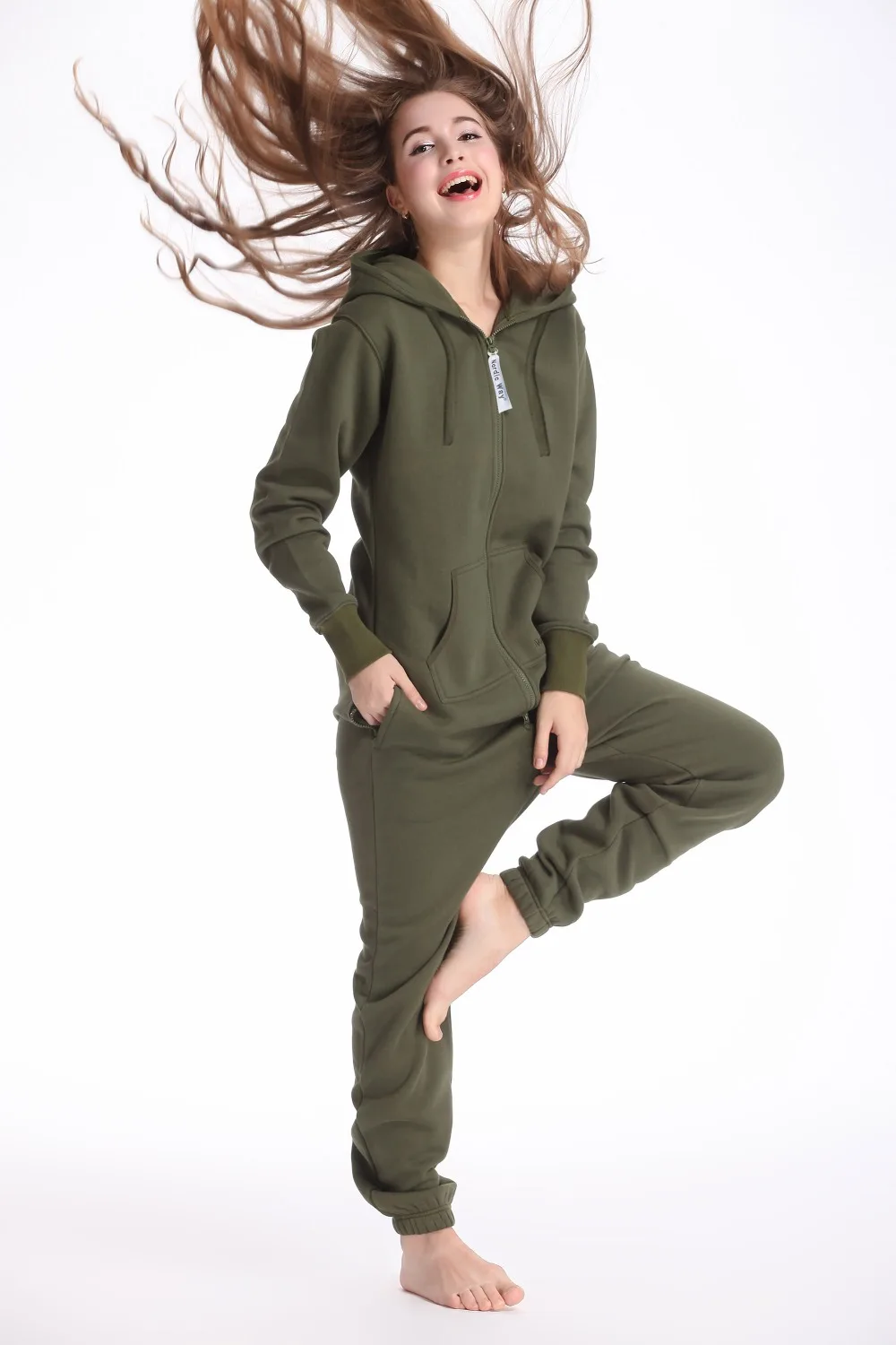 Billige Nordic Weise Armee Grün Ein Stück Overall Hoodies Fleece Zip Frauen Männer Strampler