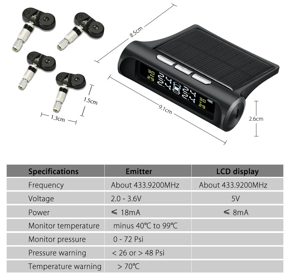 Автомобильная система контроля давления в шинах TPMS на солнечной энергии с ЖК