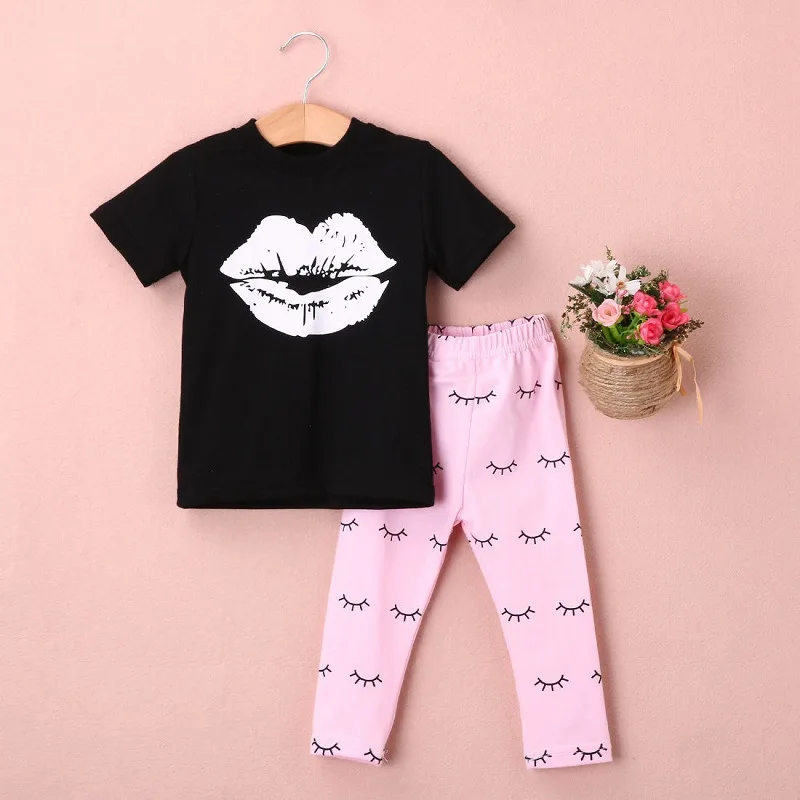 

1-5Y Summer Kids Baby Girls Clothes Set Children 2pcs Suit Lips T-shirt and Pink Eyelash Print Leggings Toddler Clothing Sets