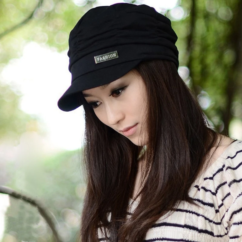 Women Girl Fashion Design Drape Layers Beanie Rib Hat Brim Visor Cap FFH010BLK Black