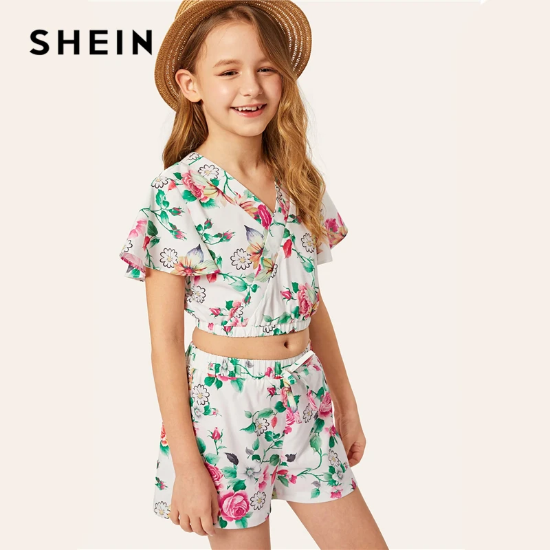 SHEIN كيدي المحاصيل التفاف الأزهار أعلى و القوس السراويل بوهو الفتيات الملابس 2019 الصيف قصيرة الأكمام عارضة المراهقين فتاة الملابس