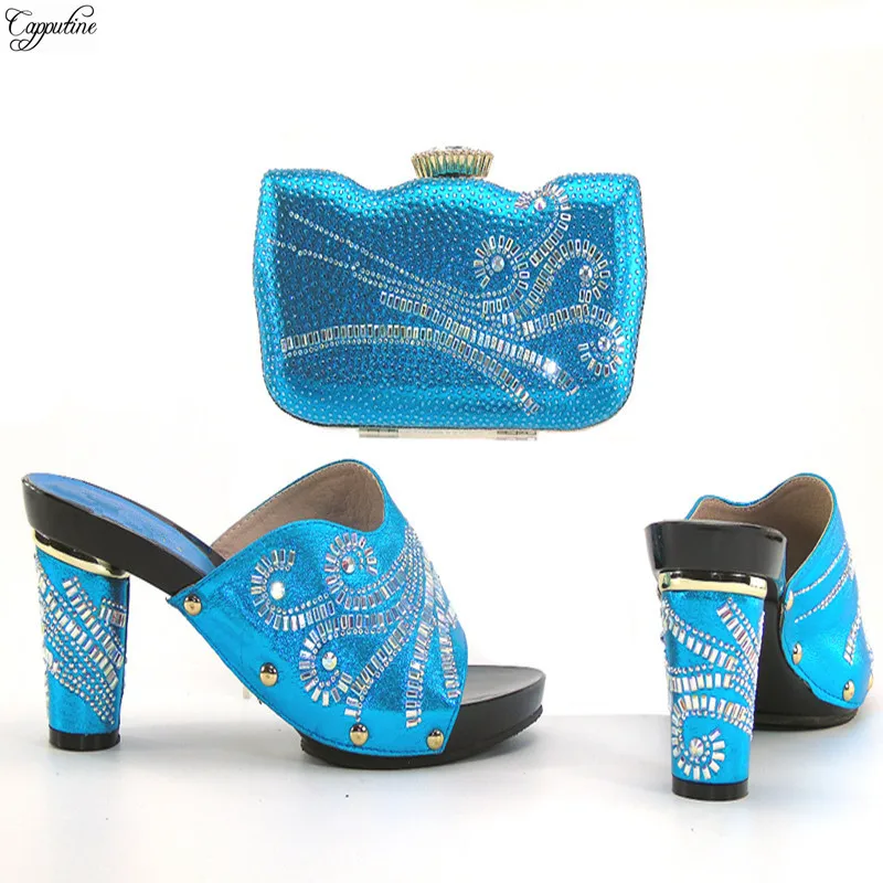 

Elegant lady high heel African slipper shoes and purse bag set matching for evening dress THS17-14 sky blue