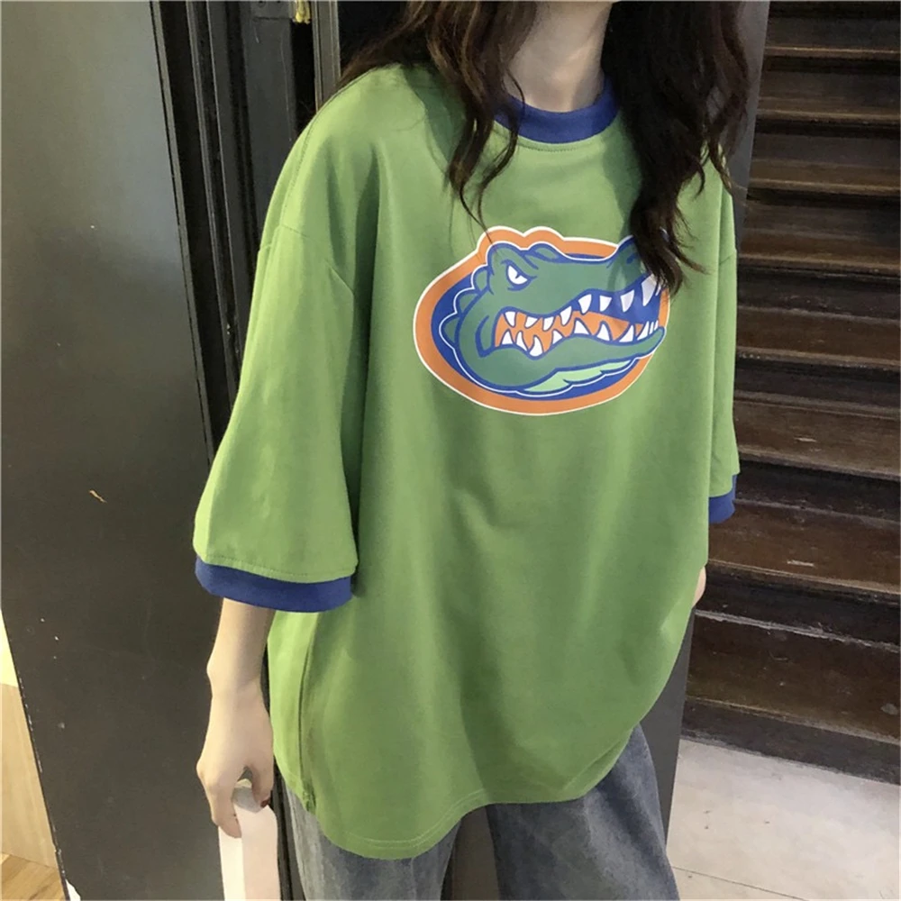 

Girls summer cotton cartoon five-point sleeve t-shirt Korean fashion trend blue green crocodile print loose casual short sleeve