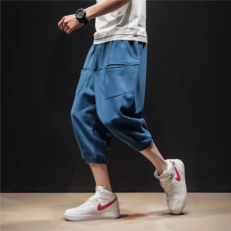 

Streetwear Calf-Length Pants Multi-Pockets Solid Color Men's Pants Elastic Waist Large Size Calf-Length Pants