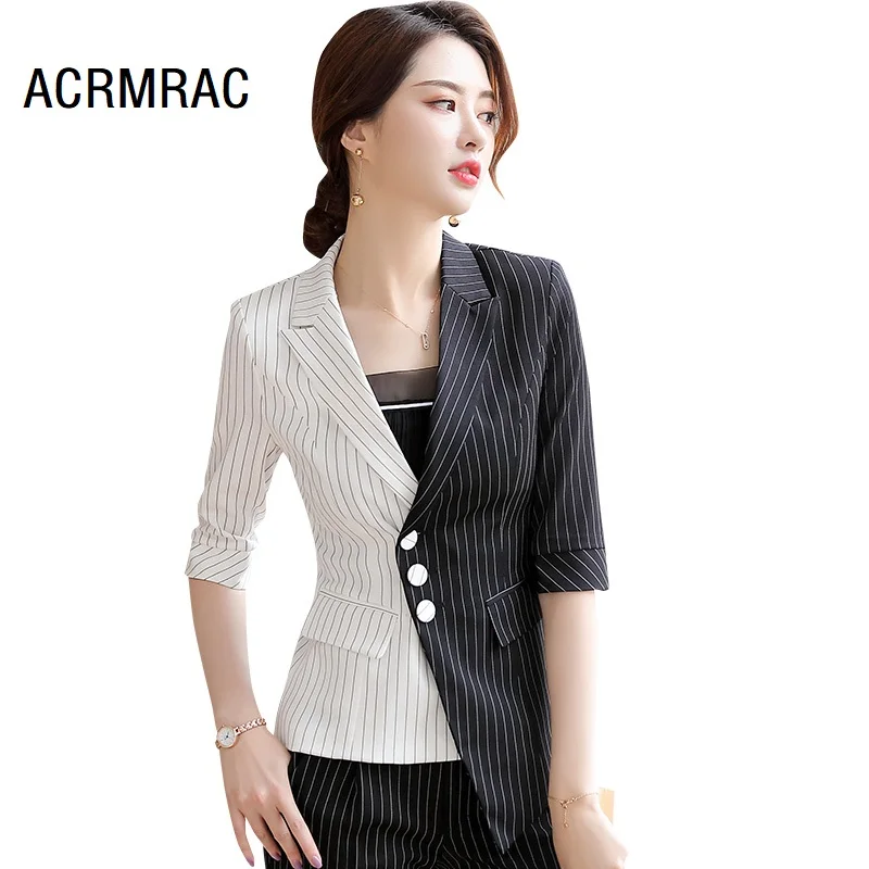 Women Suits Slim Summer Contrast Color Irregular Jacket Anklelength