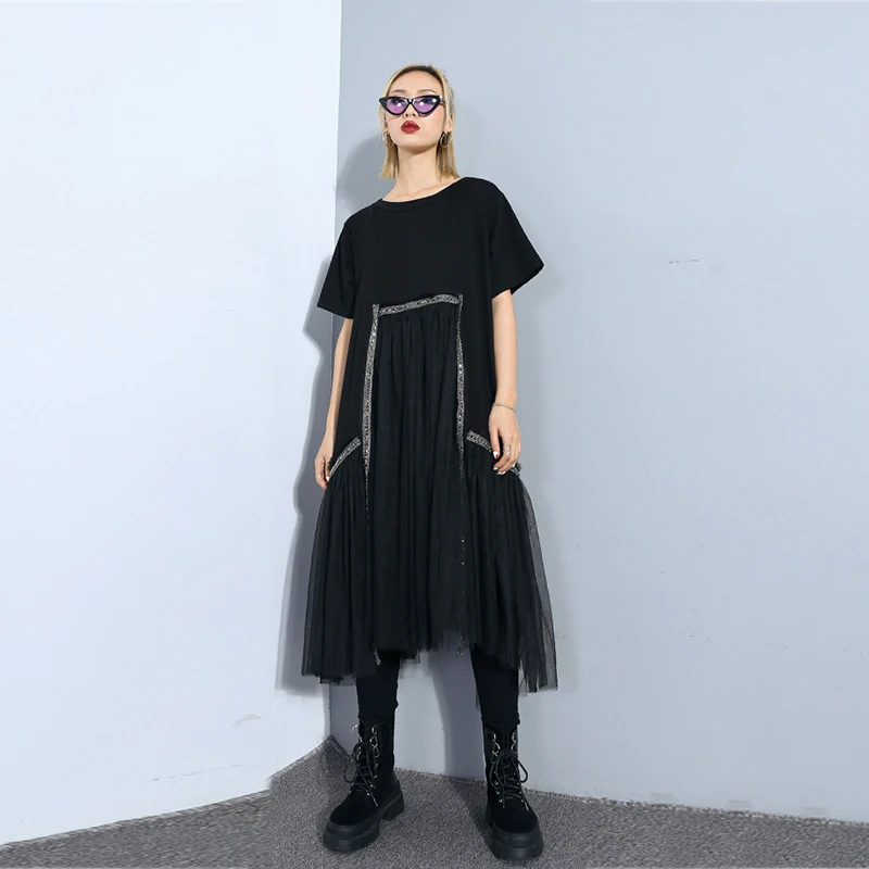 CHICEVER весеннее винтажное Черное женское платье с круглым вырезом и коротким рукавом, Сетчатое лоскутное платье большого размера, женские платья, модные новые