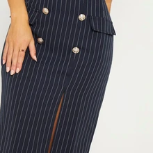 Женская двубортная юбка с карманами в полоску темно-синего цвета, винтажная Офисная Женская одежда, весна-лето, элегантные юбки до колена