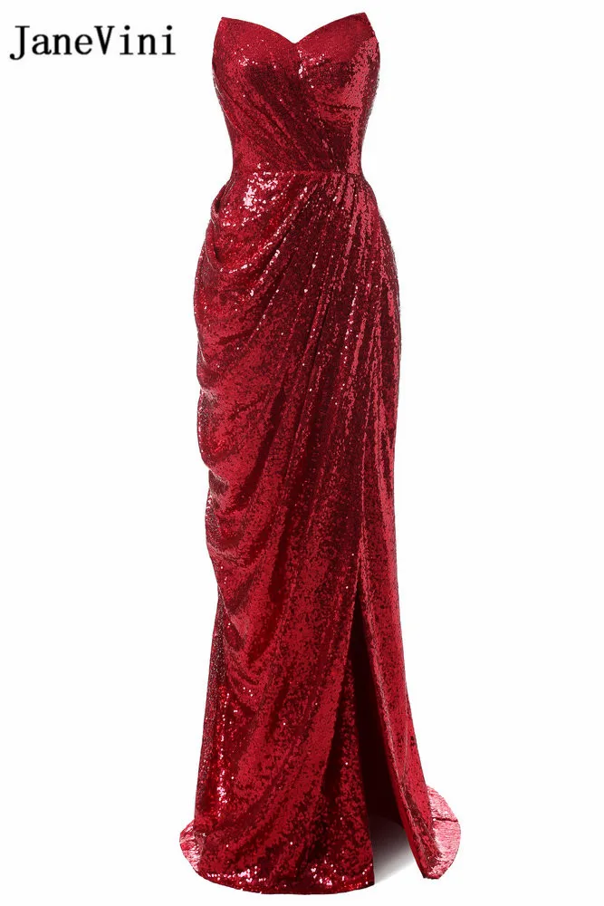 

JaneVini Sparkly Red Sequins Bridesmaid Dresses for Wedding Guest Long Sexy Side Split Strapless Mermaid Party Evening Gowns