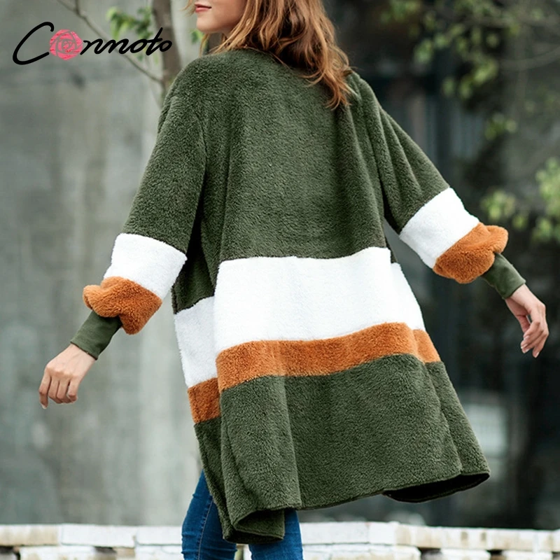 remarkable  Conmoto Faux Fur Flannel Winter Thin Coat Women Long Sleeve Cardigan Striped Colorblock Coats and J