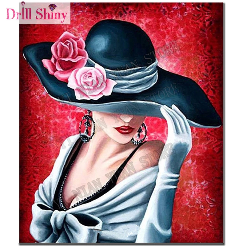 New 5D Diy Diamond Embroidery Fashion Hat Beauty Women Diamond Painting